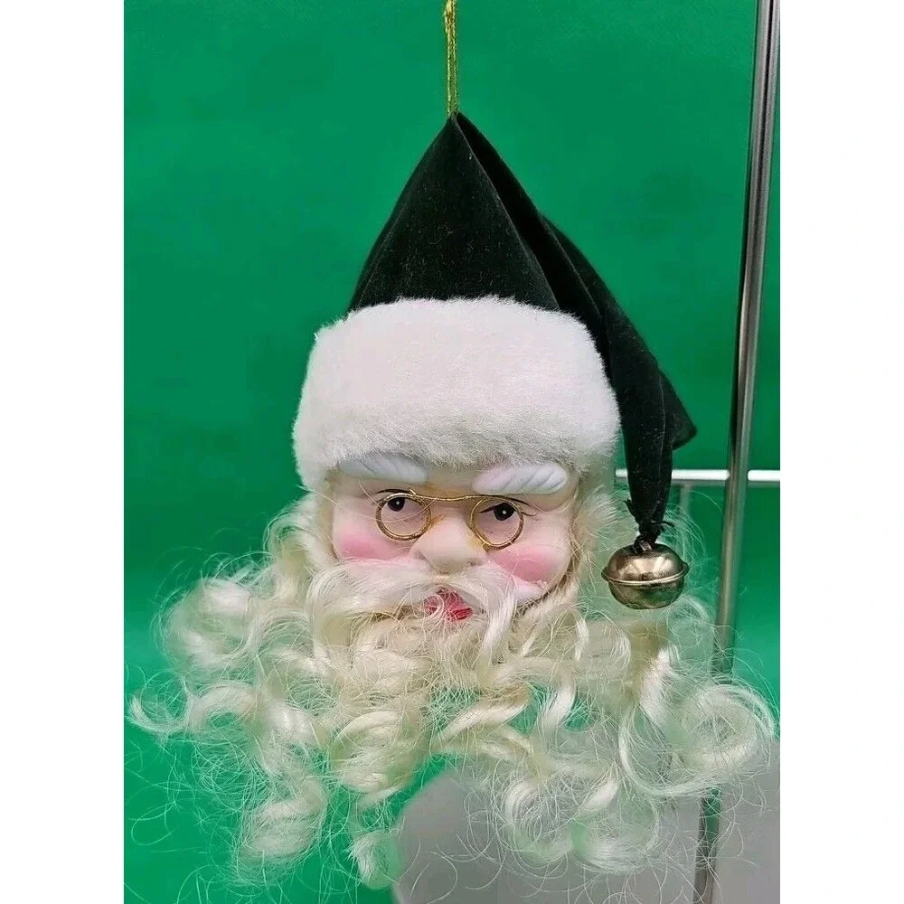 Santa Head Ceramic Face Ornament Curly Beard Glasses & Green Hat Christmas Decor